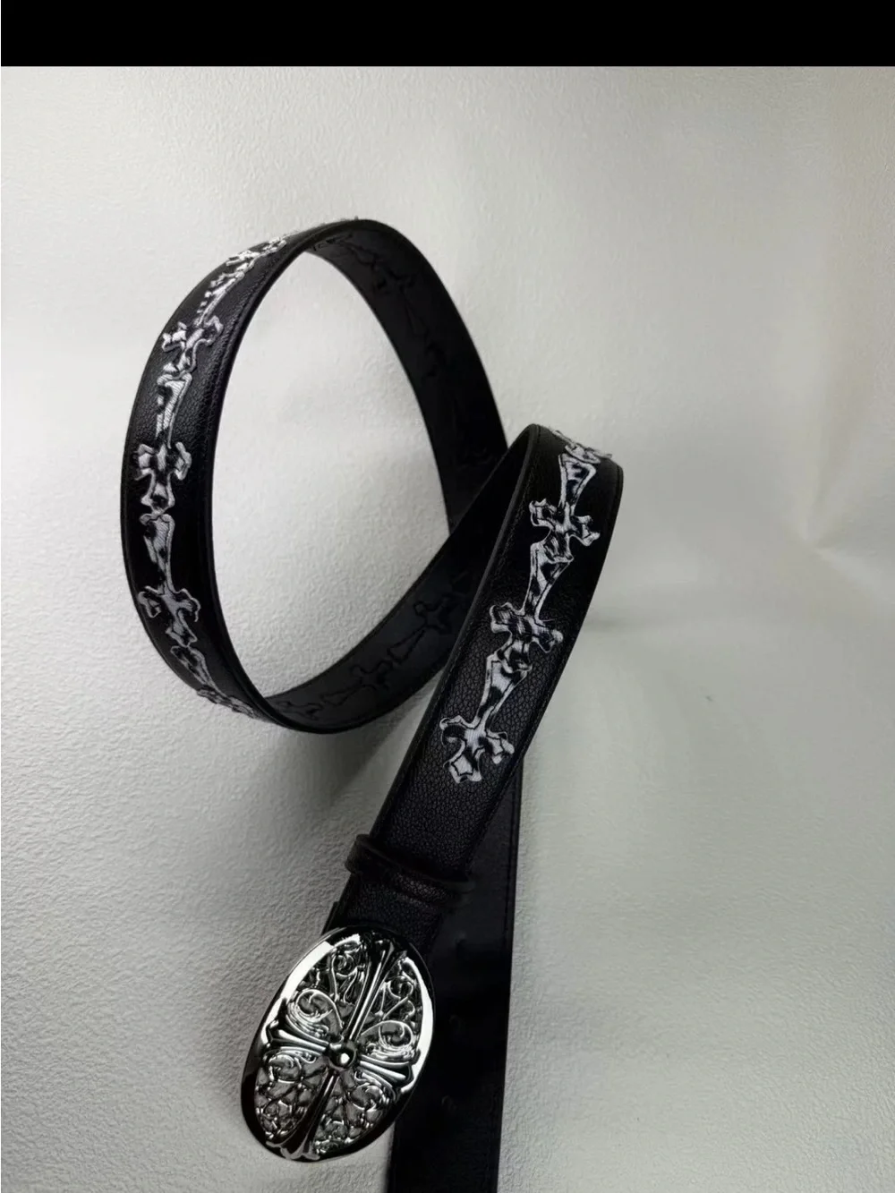 Black Men's Leather Belt with Silver Embroidered Cross Detail